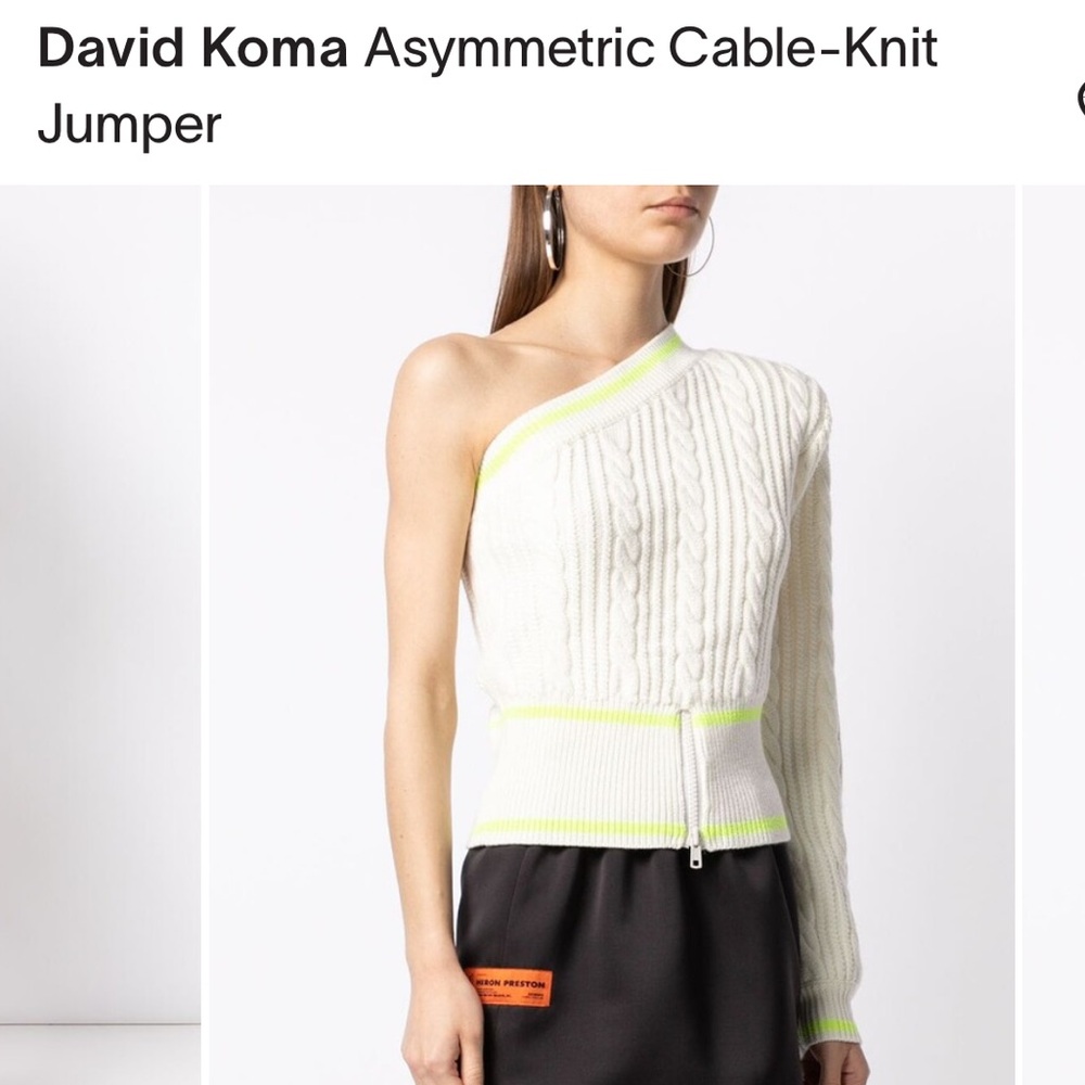 RARE DAVID KOMA Sz M cream, one shoulder sweater with green detail and front zip